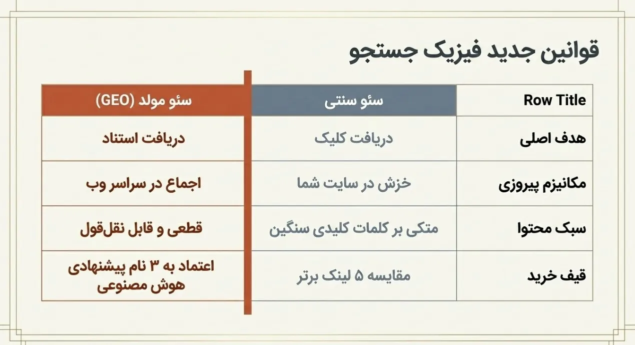 مقایسه تفاوت سئو سنتی و GEO در بازاریابی دیجیتال و جستجوی هوش مصنوعی